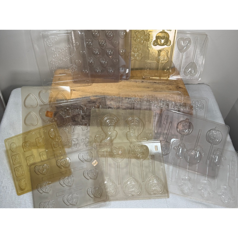 Vintage Bakers Plastic Chocolate Candy Mold Lot Halloween Hearts Birthday 14 pc